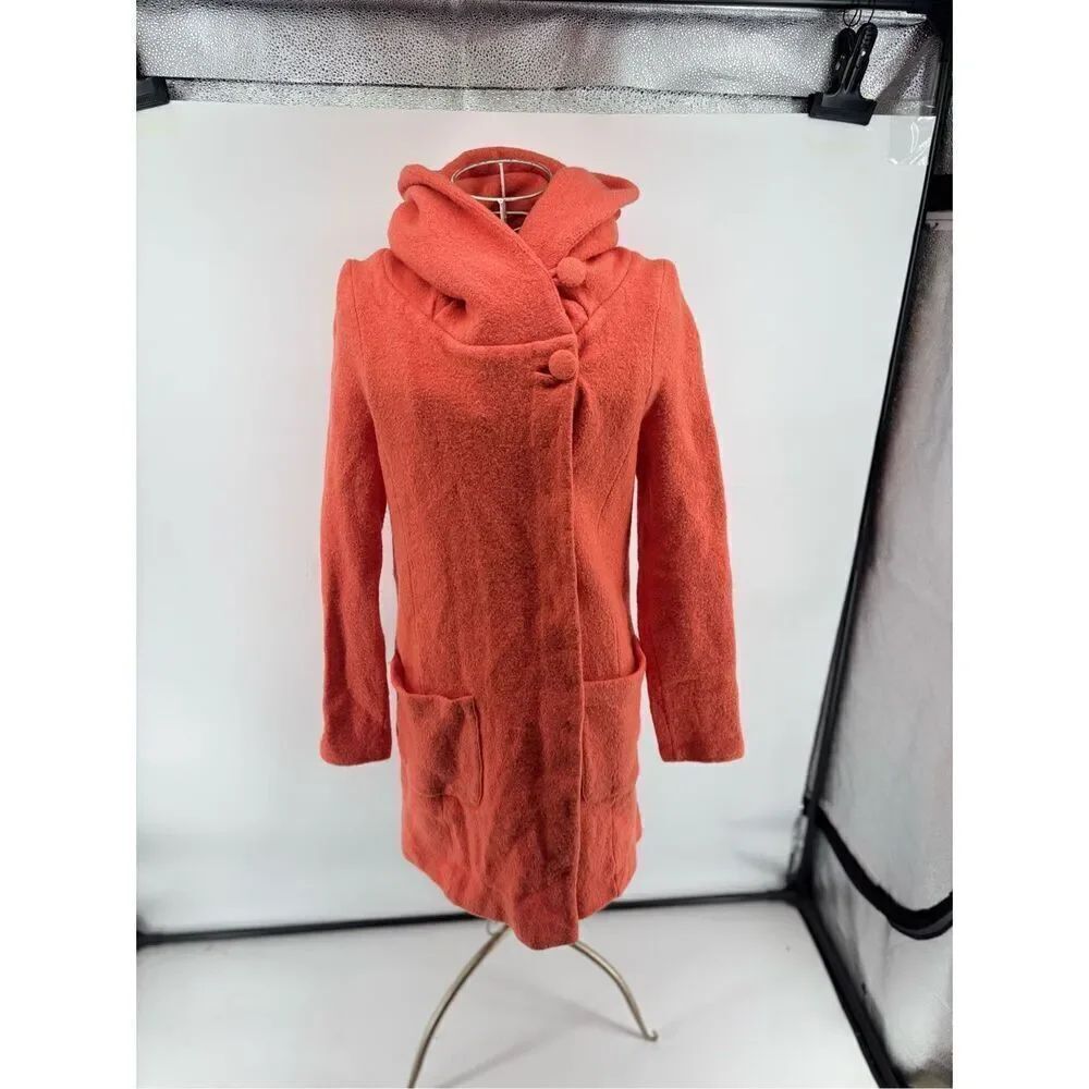 Anthropologie Moth Orange Boiled Wool Hooded Cowl Neck Coat Womens Size XS